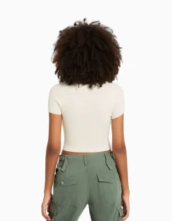 BERSHKA Pull maille manches courtes encolure cœur Rose Fashion