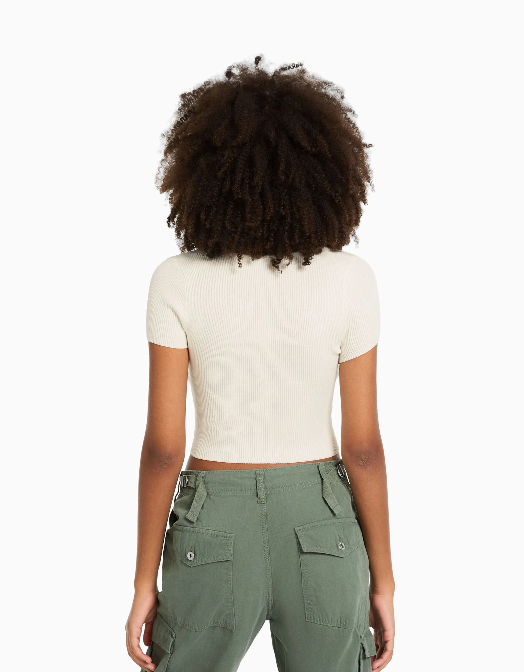 BERSHKA Pull maille manches courtes encolure cœur Rose Fashion