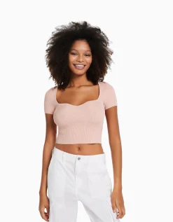 BERSHKA Pull maille manches courtes encolure cœur Rose Fashion