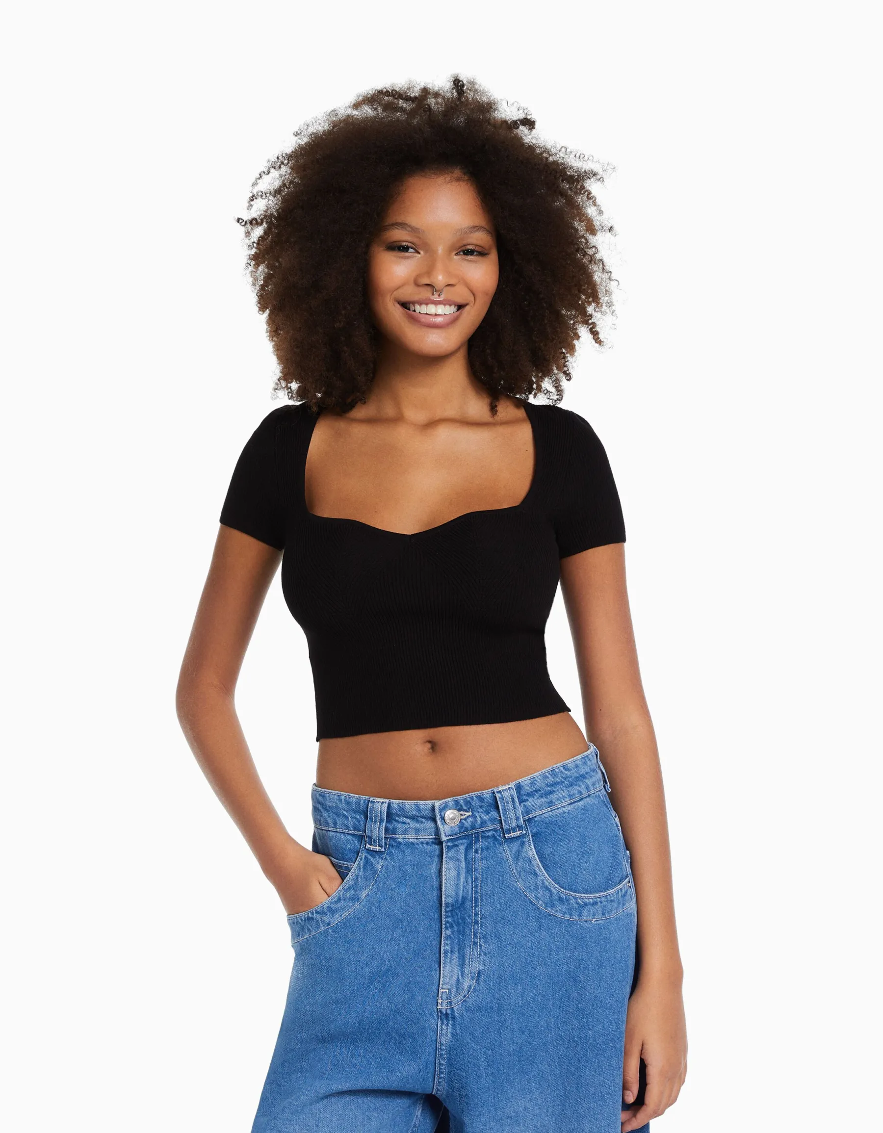 BERSHKA Pull maille manches courtes encolure cœur Rose Flash Sale