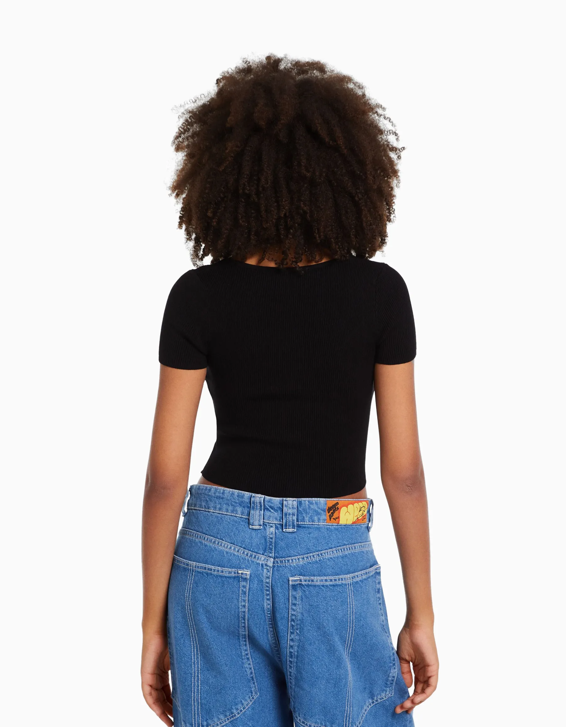 BERSHKA Pull maille manches courtes encolure cœur Rose Flash Sale