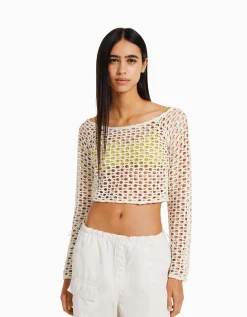 BERSHKA Pull maille rustique Écru Cheap