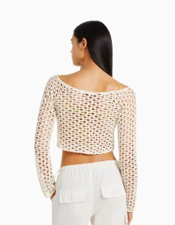 BERSHKA Pull maille rustique Écru Cheap