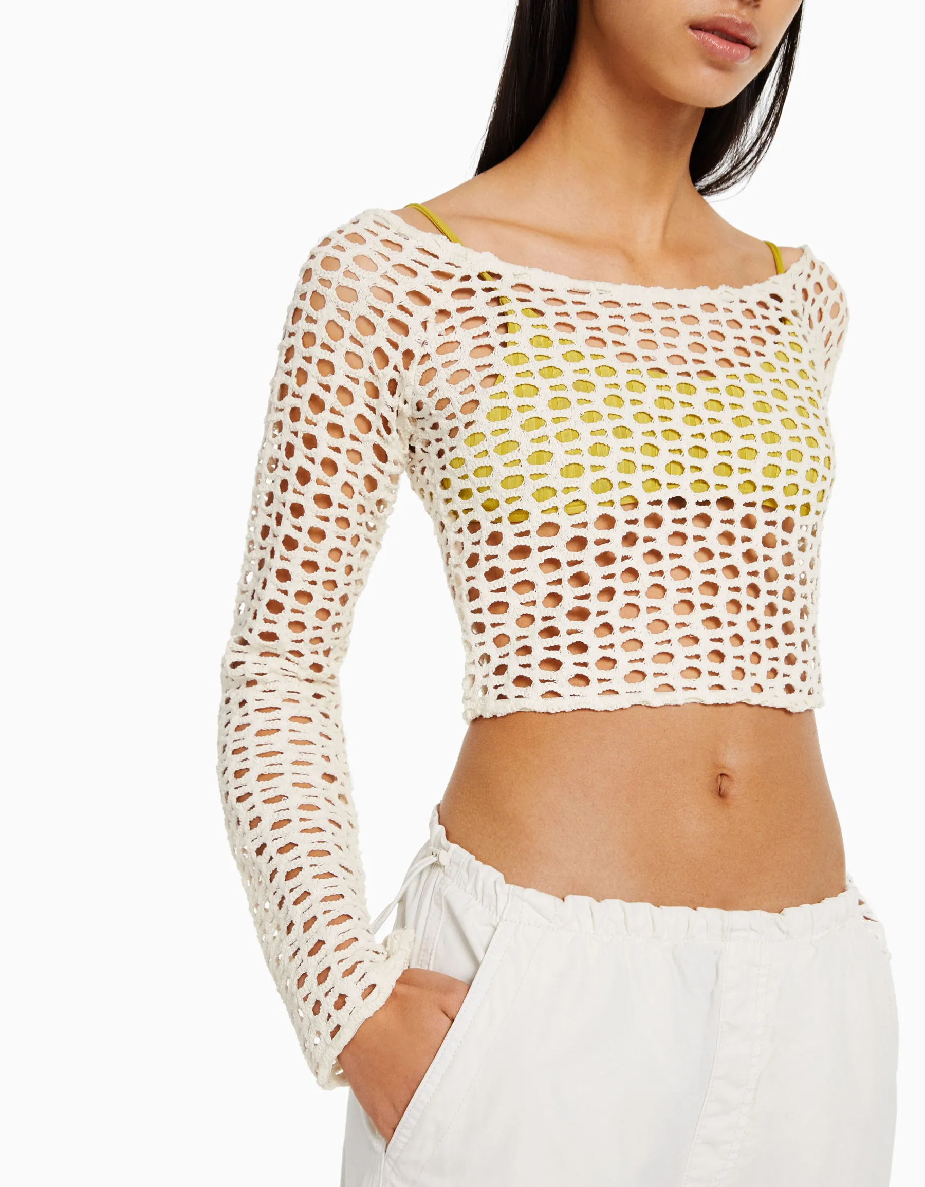 BERSHKA Pull maille rustique Écru Cheap