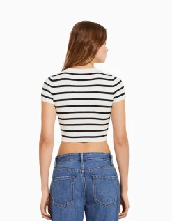 BERSHKA Pull manches courtes bord-côte Écru Shop
