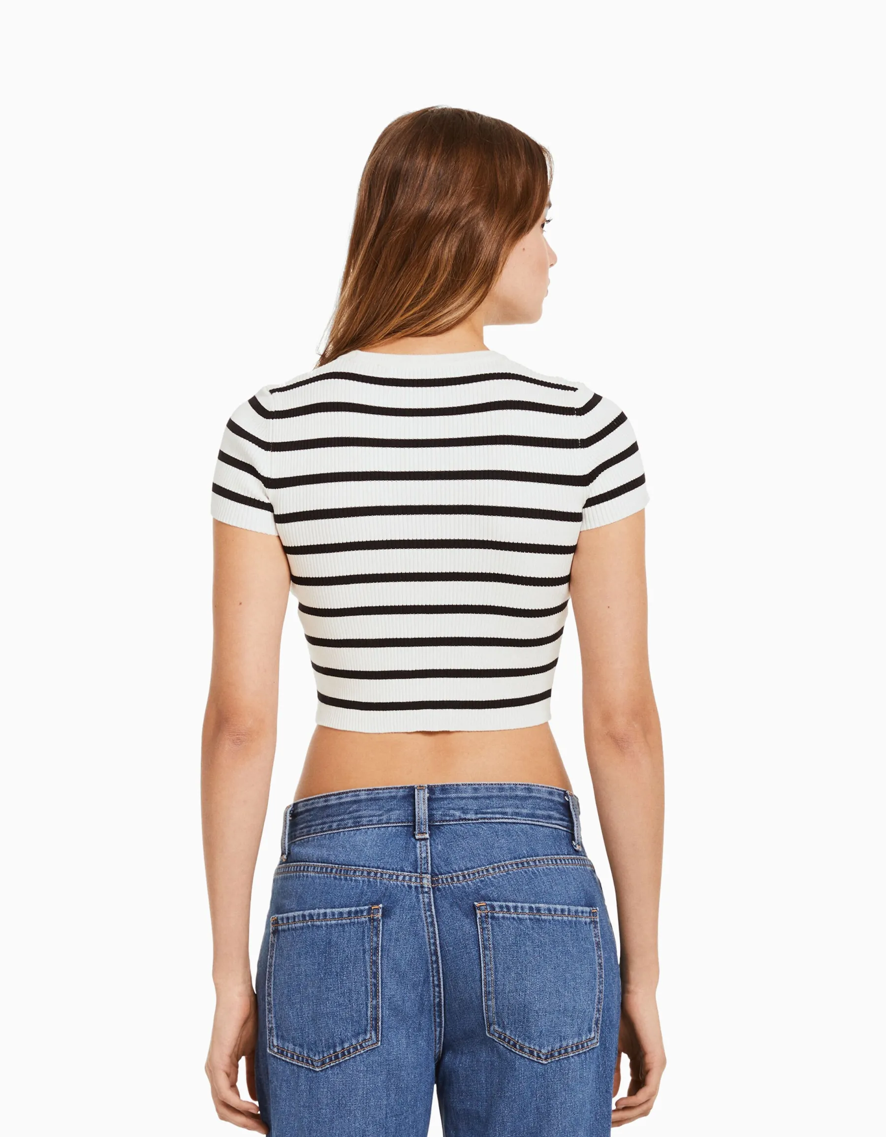BERSHKA Pull manches courtes bord-côte Écru Shop