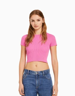 BERSHKA Pull manches courtes bord-côte Écru Discount