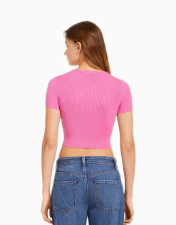 BERSHKA Pull manches courtes bord-côte Écru Discount