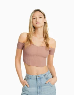 BERSHKA Pull manches courtes corset Bardot Beige Best