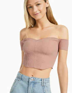 BERSHKA Pull manches courtes corset Bardot Beige Best