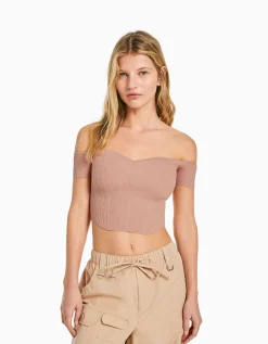 BERSHKA Pull manches courtes corset Bardot Beige Clearance