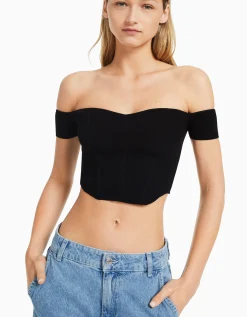 BERSHKA Pull manches courtes corset Bardot Beige Online
