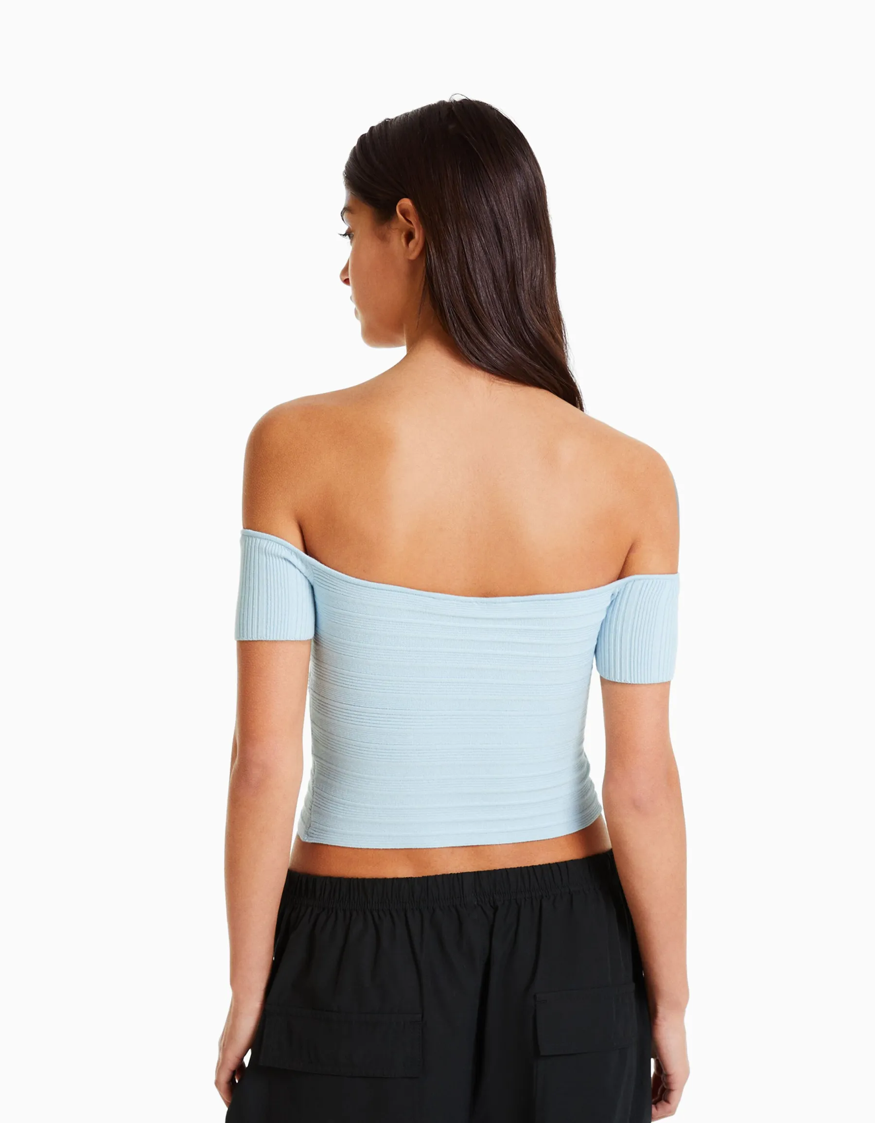 BERSHKA Pull manches courtes croisé Bleu clair Store