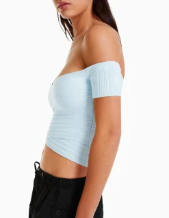 BERSHKA Pull manches courtes croisé Bleu clair Store