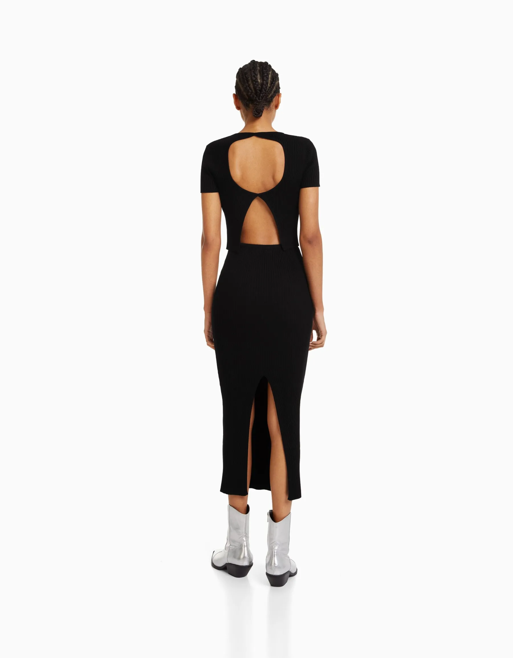 BERSHKA Pull manches courtes dos nu bord-côte Noir Cheap