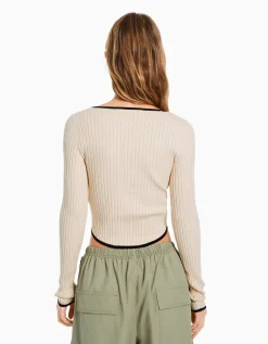 BERSHKA Pull manches longues col nœud bord-côte Écru Store