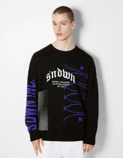 BERSHKA Pull manches longues imprimé Bleu Flash Sale