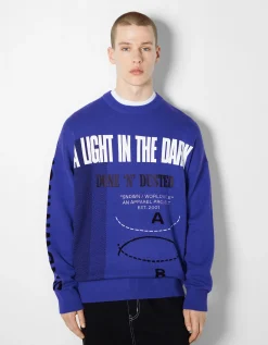 BERSHKA Pull manches longues imprimé Bleu Sale