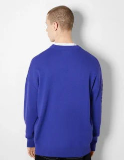 BERSHKA Pull manches longues imprimé Bleu Sale