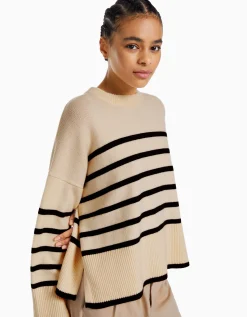 BERSHKA Pull oversize rayures Écru Store