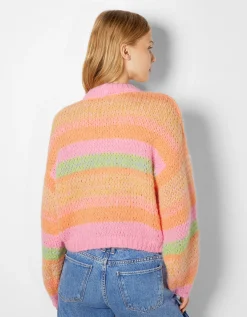 BERSHKA Pull rayé à col rond Rose Shop