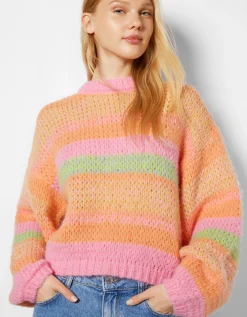 BERSHKA Pull rayé à col rond Rose Shop