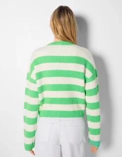 BERSHKA Pull rayé à col rond Vert Best