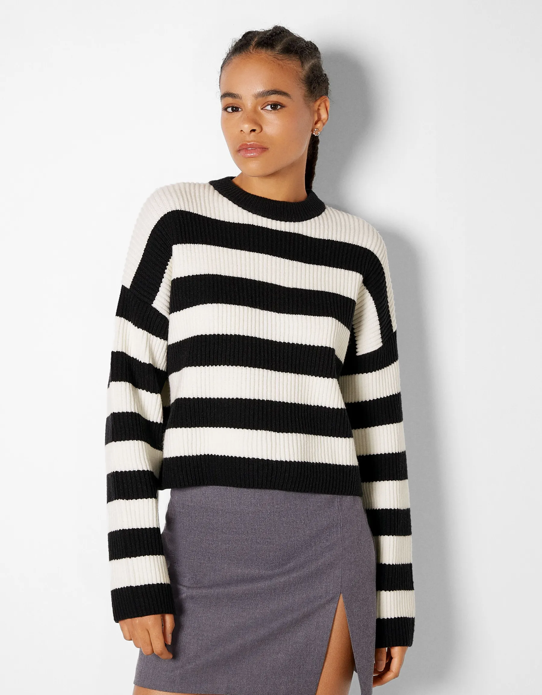 BERSHKA Pull rayé à col rond Vert Cheap