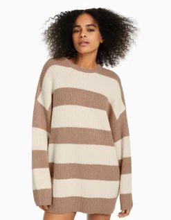 BERSHKA Pull rayé à col rond Sable New