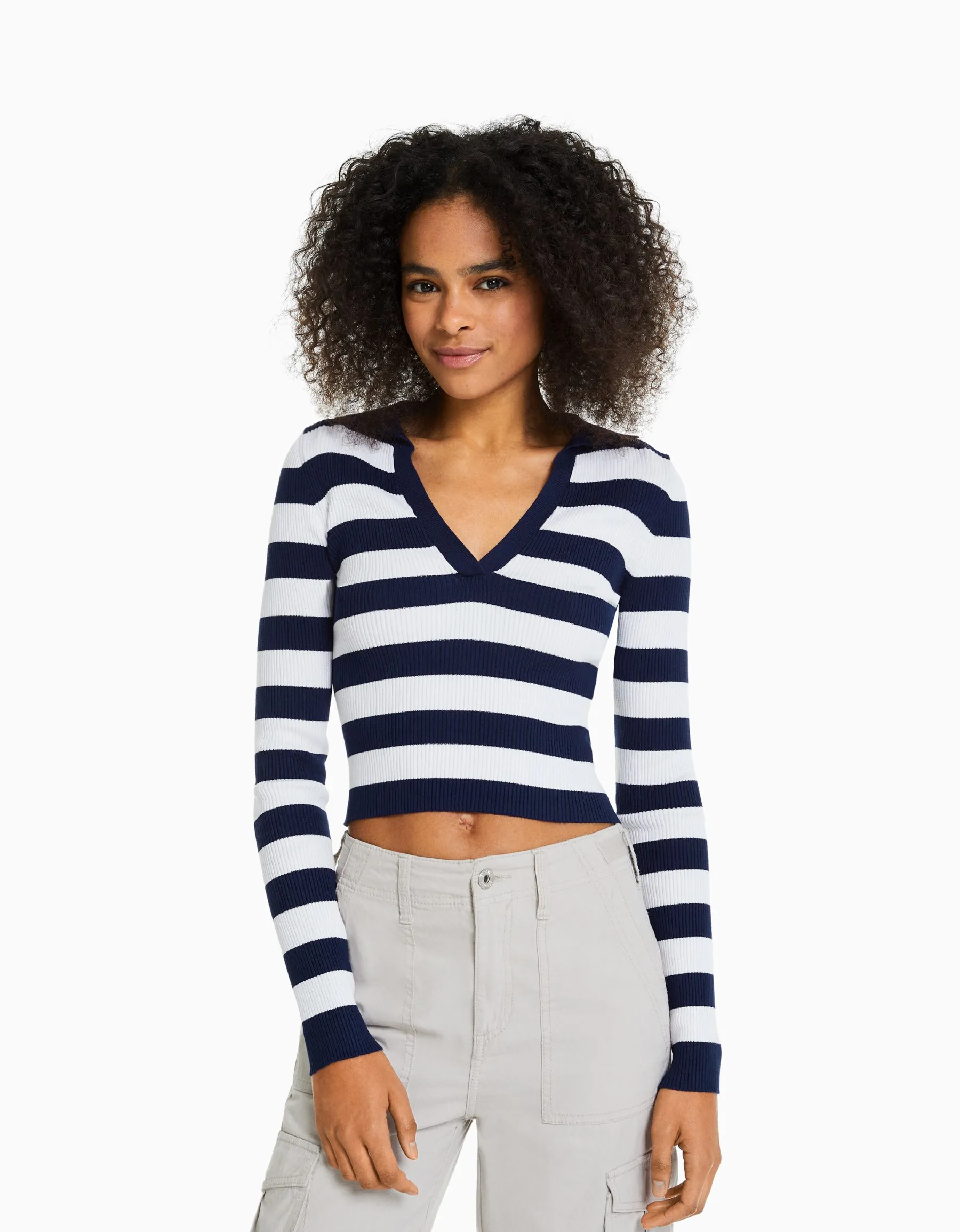 BERSHKA Pull rayé col polo bord-côte Blanc Cheap