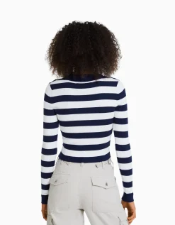 BERSHKA Pull rayé col polo bord-côte Blanc Cheap