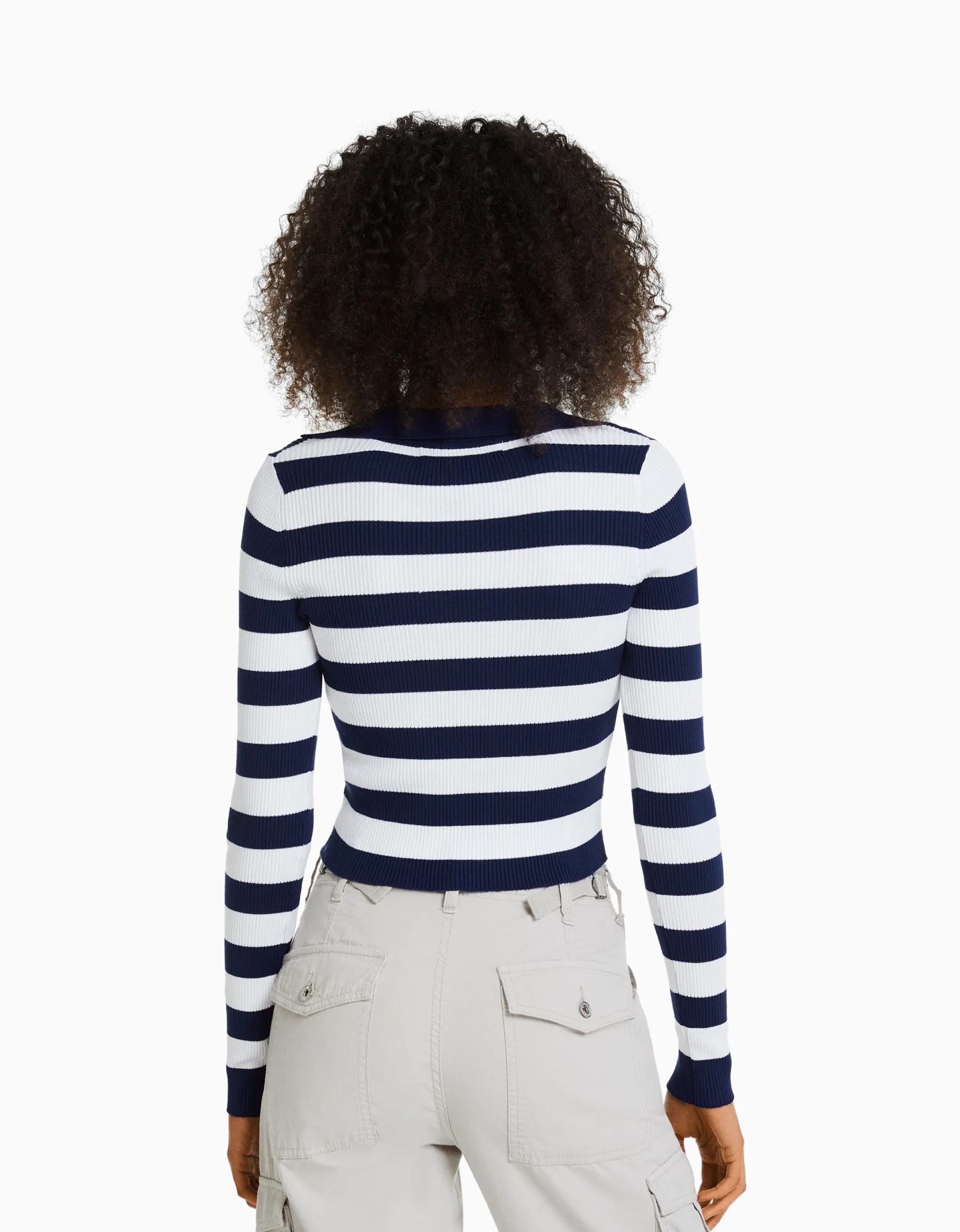 BERSHKA Pull rayé col polo bord-côte Blanc Cheap