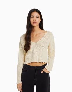 BERSHKA Pull rustique Écru Discount