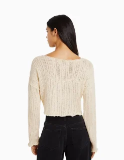 BERSHKA Pull rustique Écru Discount