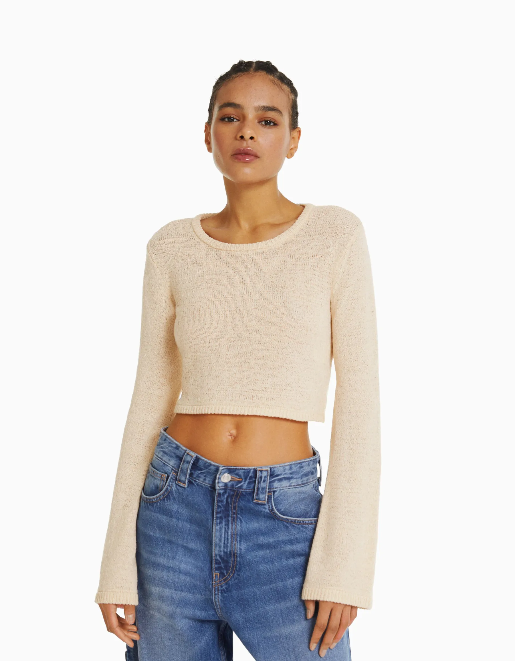BERSHKA Pull rustique col rond Écru Sale