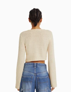 BERSHKA Pull rustique col rond Écru Sale