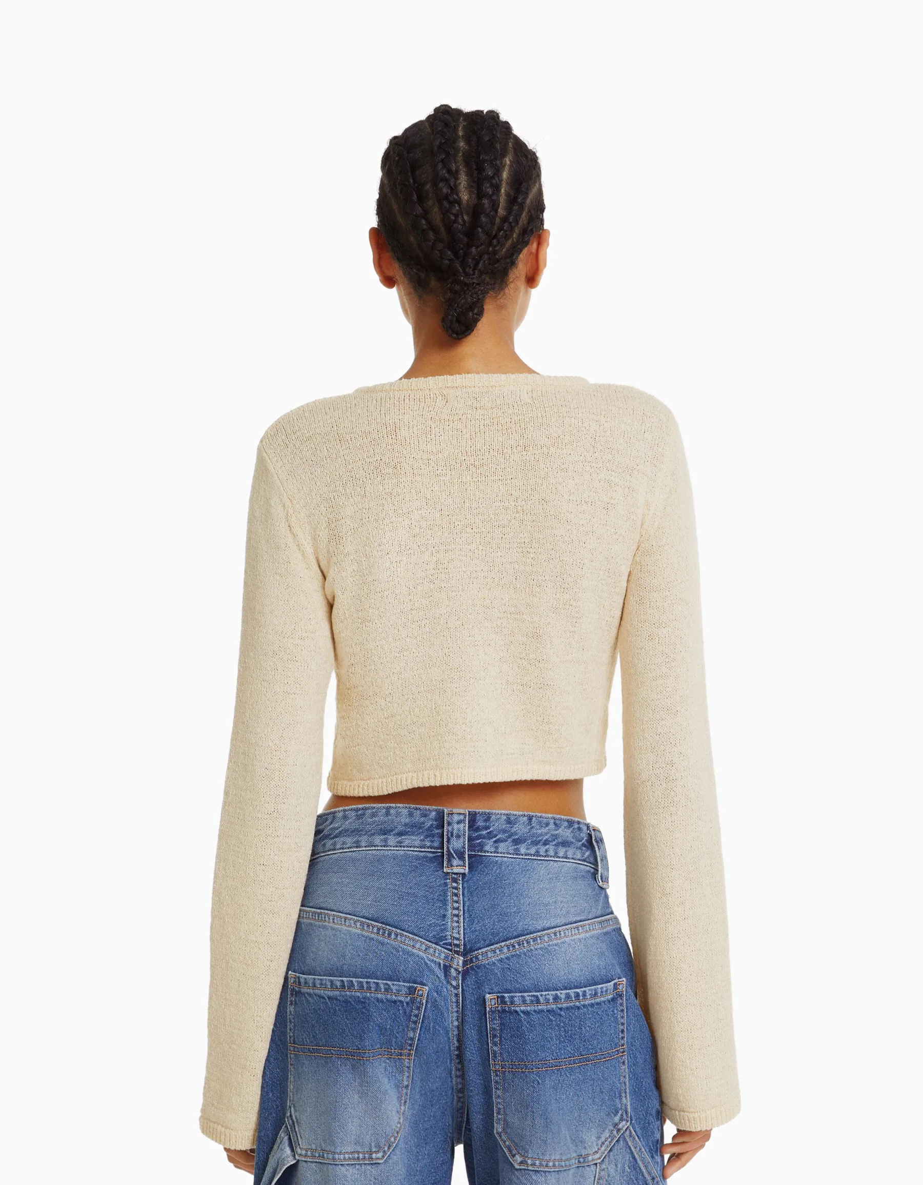 BERSHKA Pull rustique col rond Écru Sale