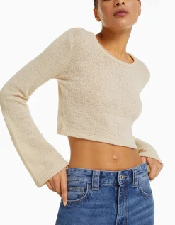 BERSHKA Pull rustique col rond Écru Sale