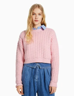 BERSHKA Pull texturé Rose New