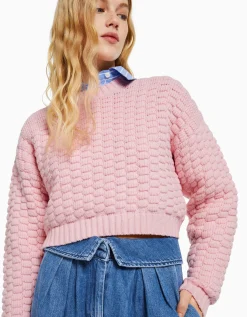 BERSHKA Pull texturé Rose New