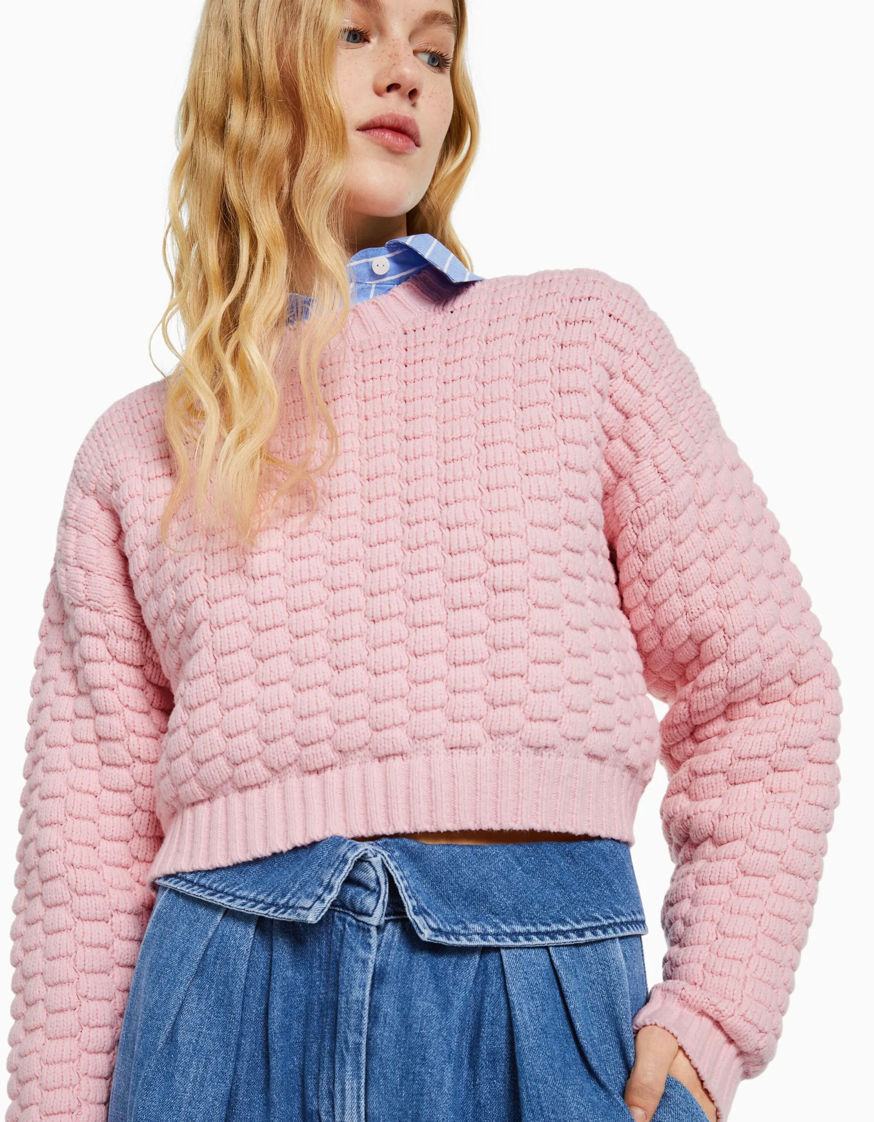BERSHKA Pull texturé Rose New