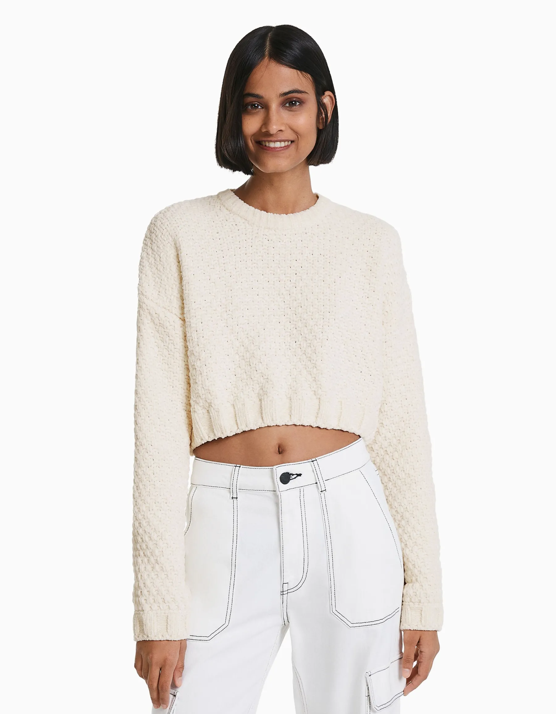 BERSHKA Pull texturé chenille Vert Cheap