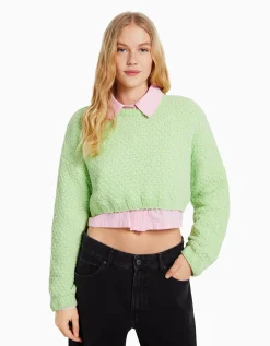 BERSHKA Pull texturé chenille Vert Shop