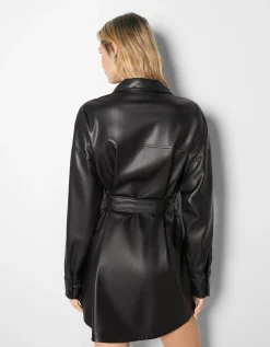 BERSHKA Robe chemise manches longues ceinture similicuir Noir Best