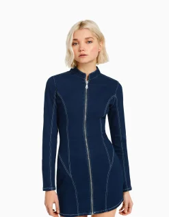 BERSHKA Robe denim moulante manches longues fil contraste Marine Online