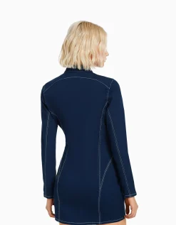 BERSHKA Robe denim moulante manches longues fil contraste Marine Online