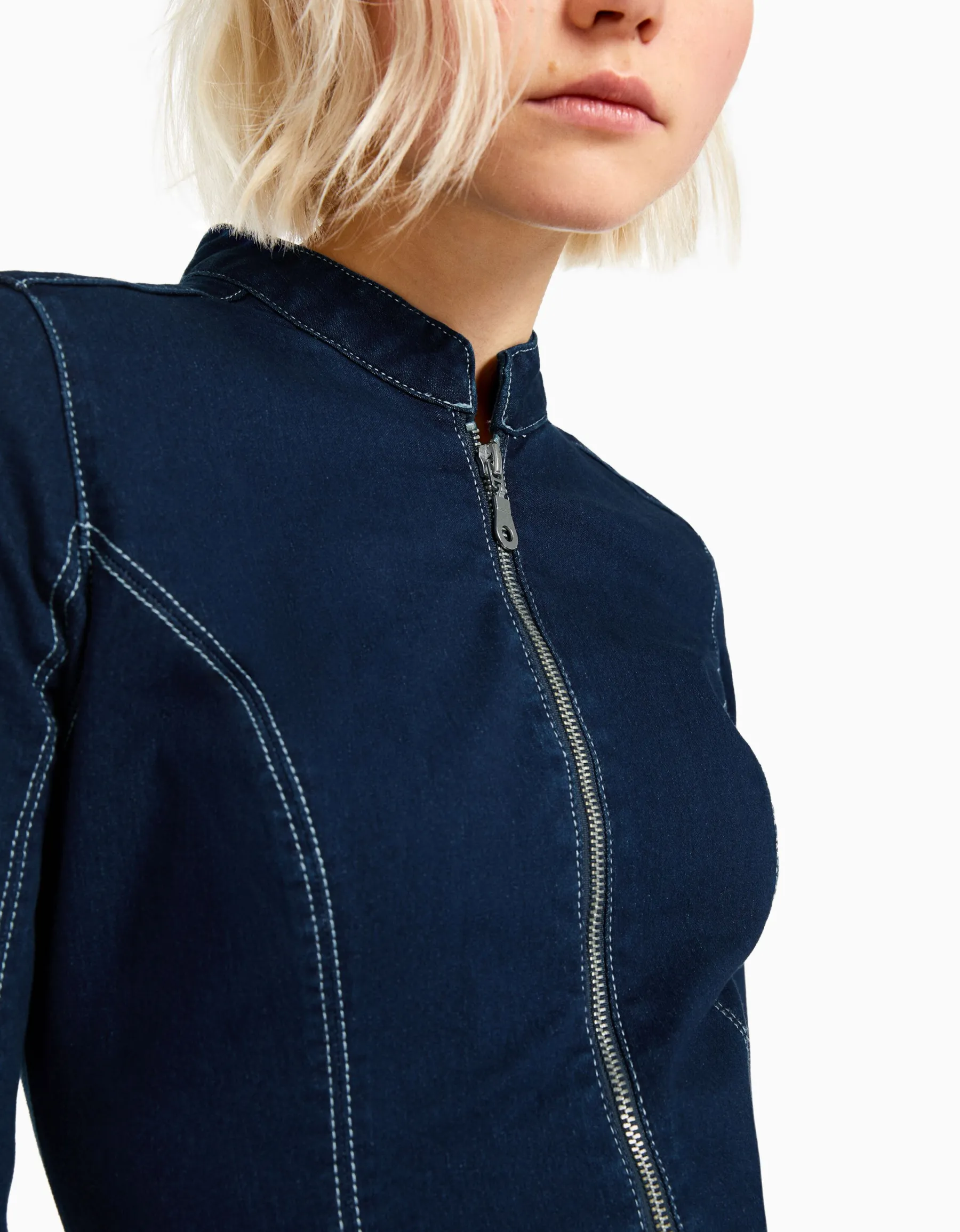 BERSHKA Robe denim moulante manches longues fil contraste Marine Online