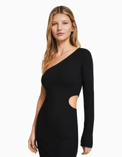 BERSHKA Robe longue asymétrique manches longues cut out Noir Shop