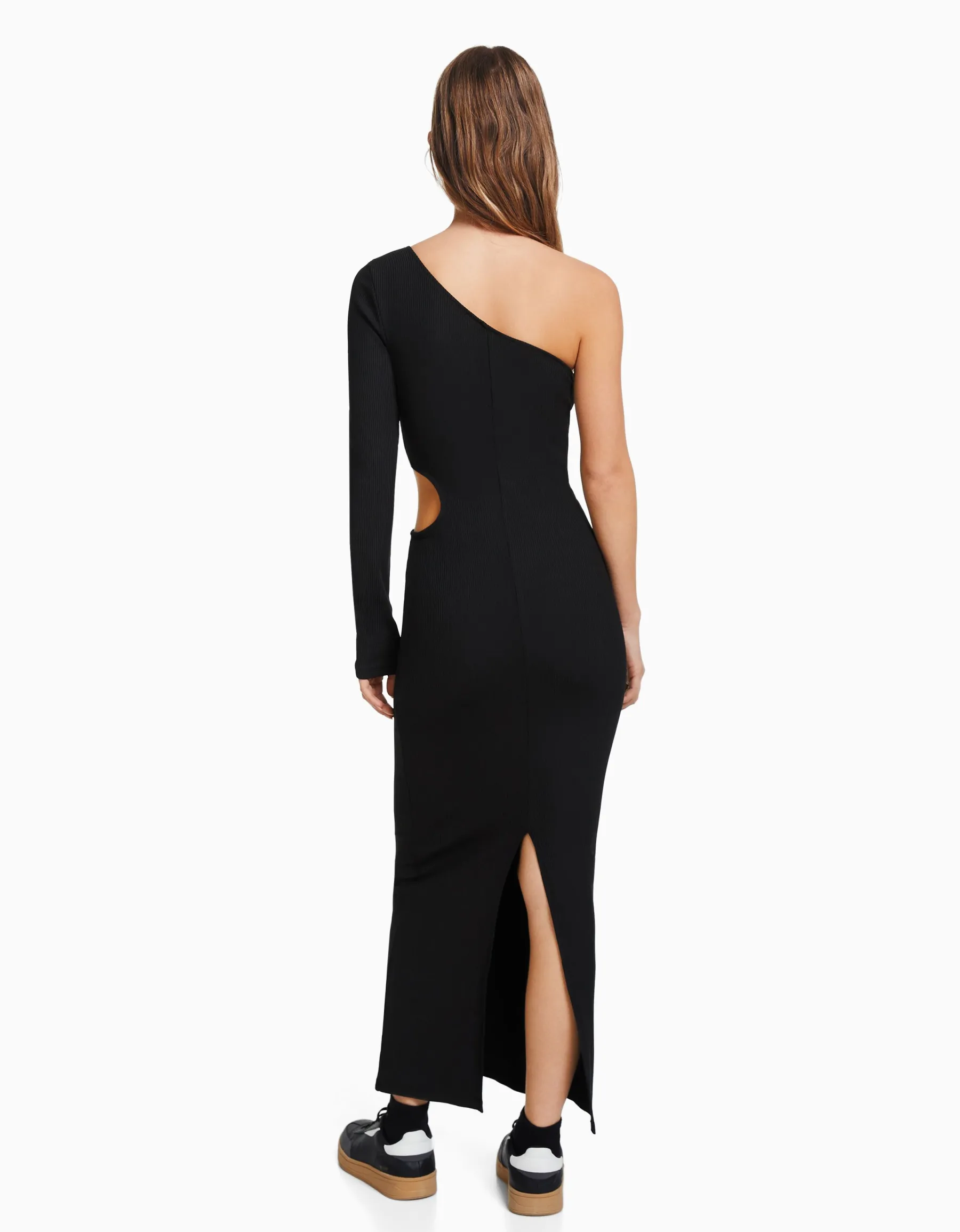 BERSHKA Robe longue asymétrique manches longues cut out Noir Shop