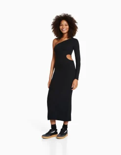 BERSHKA Robe longue asymétrique manches longues cut out Noir Fashion